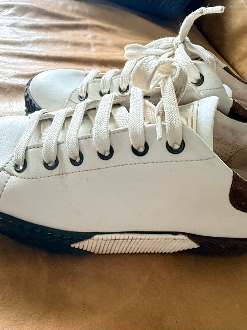 White Lace-Up Sneakers with Brown Heel Accent